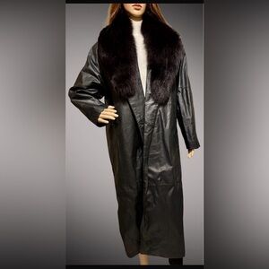 New York & Company Black Leather Long Coat with Dark Fur Collar